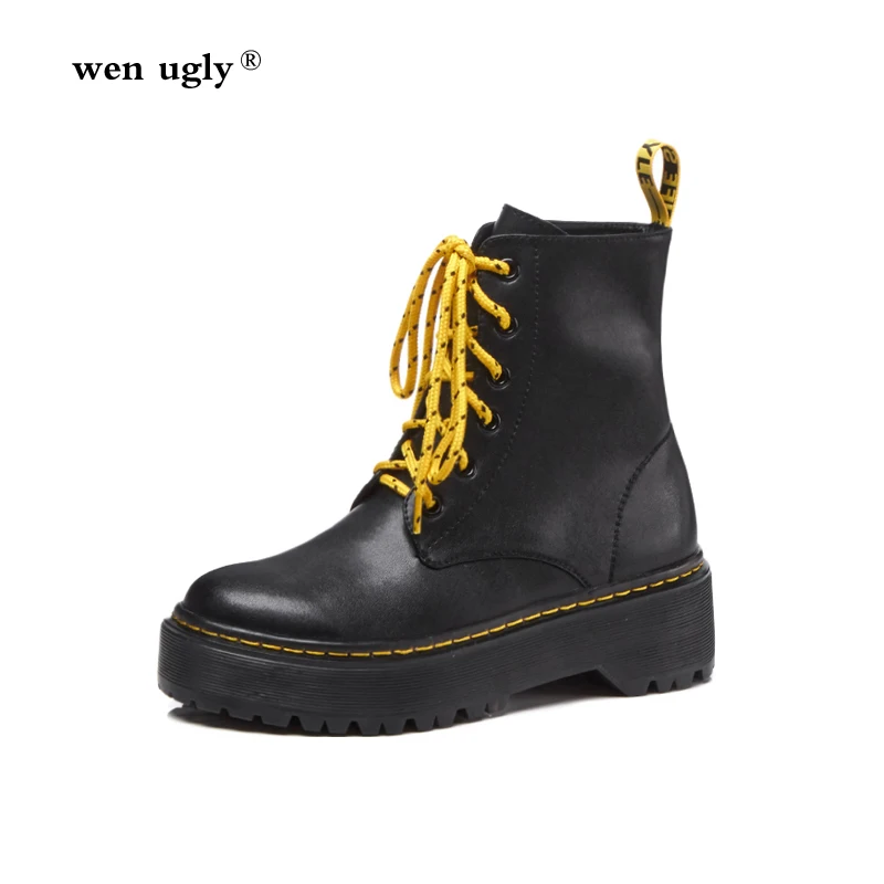 

wen ugly Leather Martin boots women's winter boots 2018 new autumn women's shoes platform punk locomotive boots round head boots