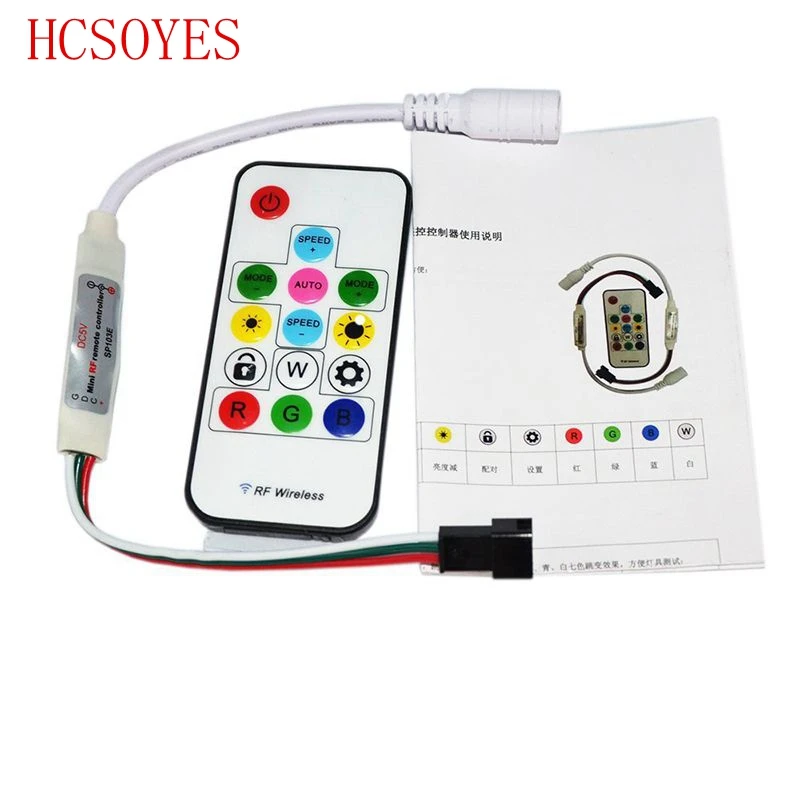 

HCSOYES DC5V/12v WS2801 WS2812B WS2811 SP103E Digital RGB LED Strip Controller 14Key RF Wireless Remote 2048 Pixels
