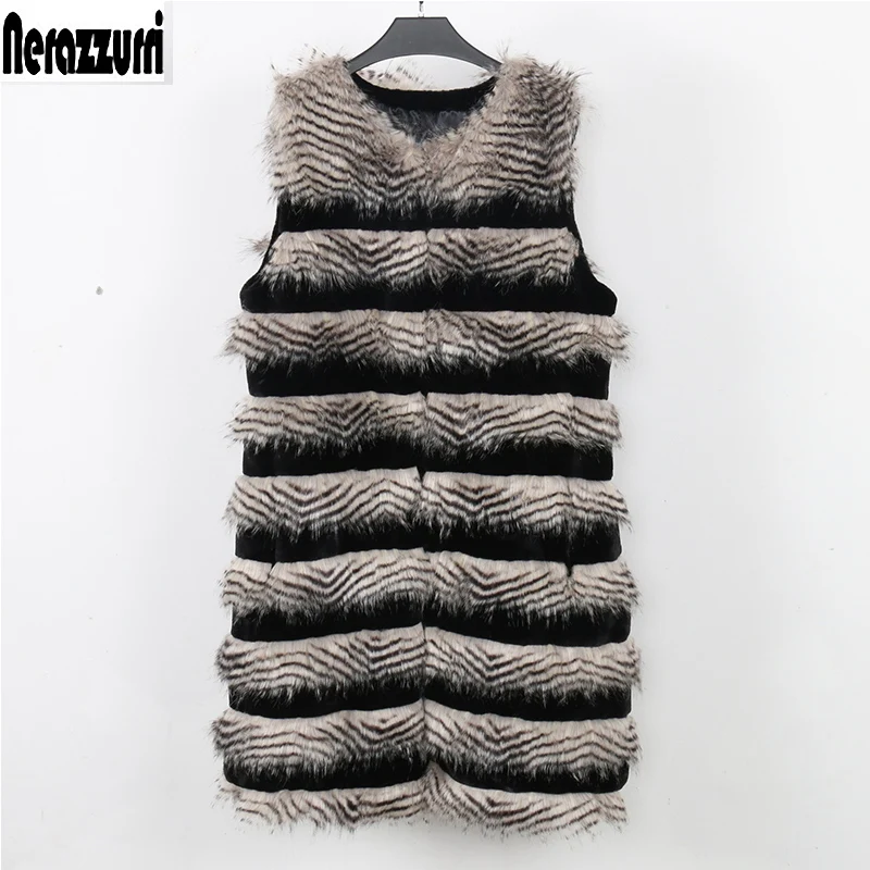 

Nerazzurri Winter Faux fur vest female long haired fur elegant warm striped sleeveless jacket women plus size waistcoat 5xl 6xl