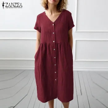 

Elegant Women V Neck Buttons Down Shirt Dress ZANZEA Summer Short Sleeve Cotton Linen Vestido Female Work Sundress Robe Femme
