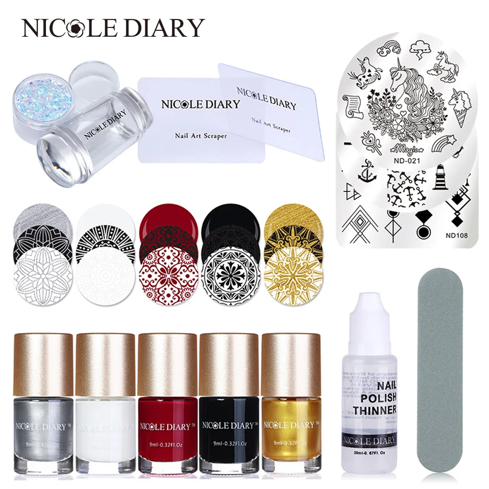 

NICOLE DIARY 9ml Nail Stamping Polish Plate Set Stamping Plates Template Printing Polish Stamper Scraper Nail Art Tool 13pcs