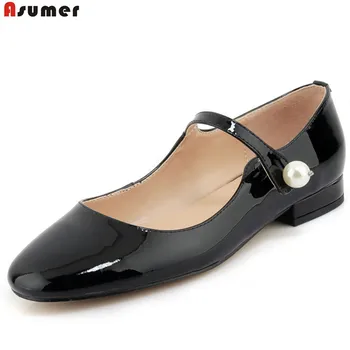 

ASUMER black apricot casual spring autumn single shoes square heel buckle elegant women genuine leather low heels shoes