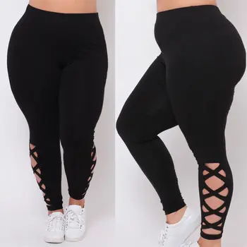 

Women Plus Size Elastic High Waist Leggings Sport Running Gym Fitness Solid Color Criss-Cross Hollow Out Sport Leggings L-3XL
