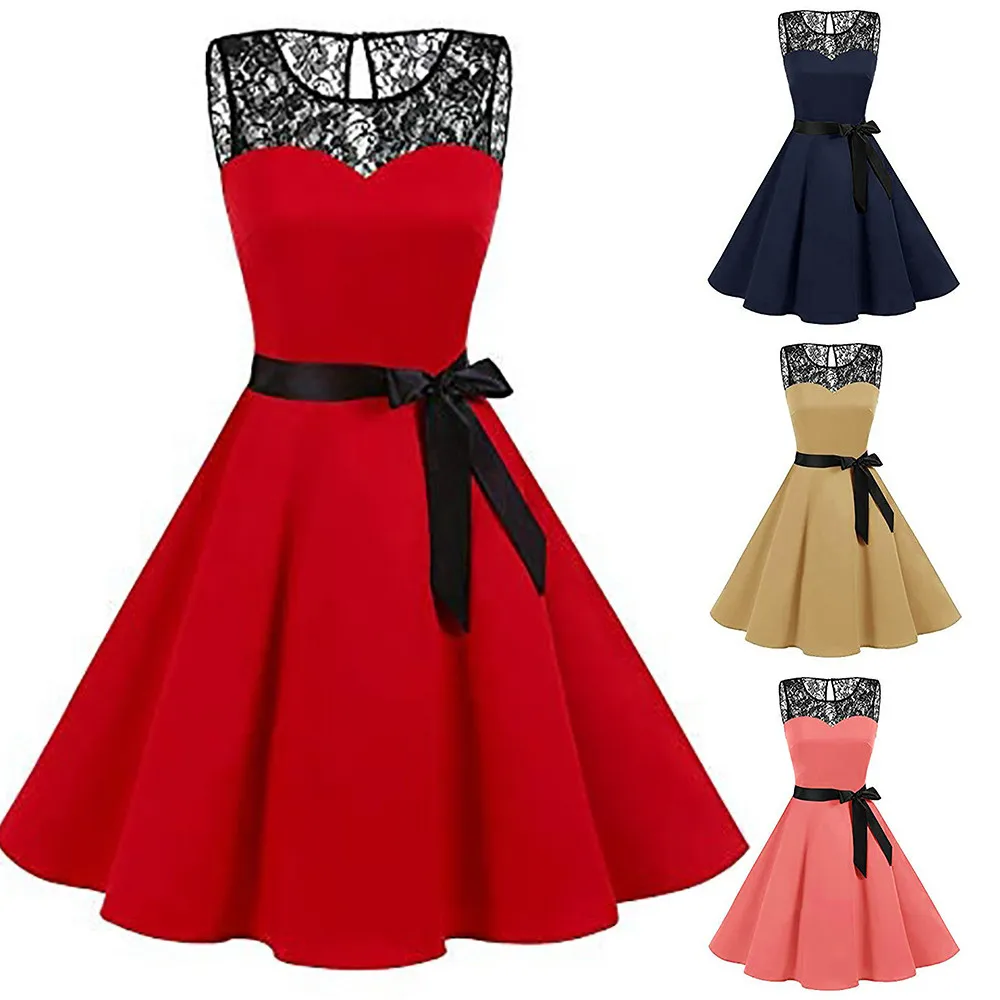 

Women Sleeveless Solid Lace Hepburn Vintage Swing High-Waist Pleated Dress 2019 New Drop Shipping