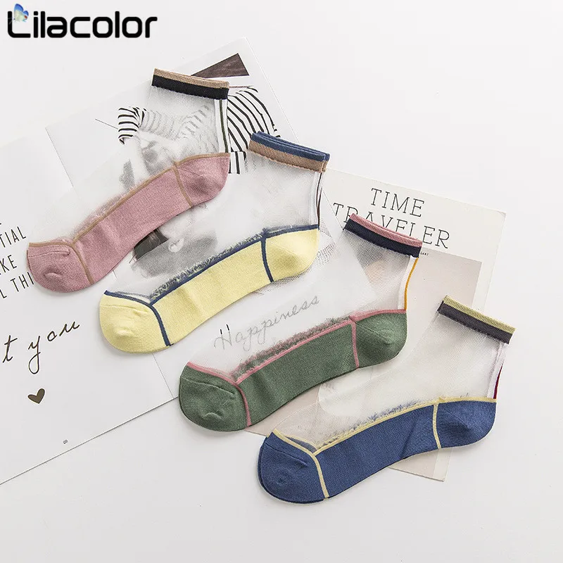 

1 Pair Women Cute Ankle Socks Spring Summer Color Striped Women Fashion Short Socks Women Breathable Transparent Korea Style