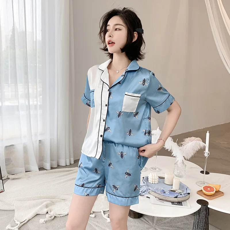 

19 Summer New Simulation Silk Pajamas Japan and South Korea Features Cool and Comfortable Home Suit Outside Clothes Pijamas