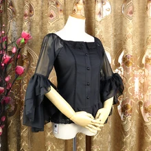 Vintage Women's Lolita Blouse Sheer Flared Sleeve Ruffle Chiffon Blouse ruffle detail wide cuff trapeze pinstripe blouse