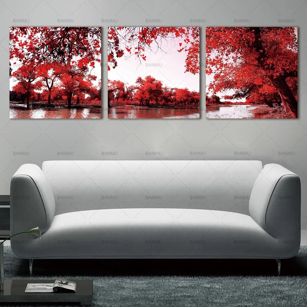 

BANMU Canvas painting wall Art Deco Modern Abstract Wall Art Painting on Canvas with Red Trees Flowers Painting Home Decoration