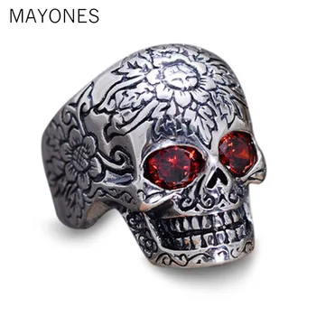 

925 Sterling Silver Skull Ring Inlaid Garnet with Fower Pattern for Vintage Punk Rock Thai Silver Heavy Motorcycle Men Jewelry