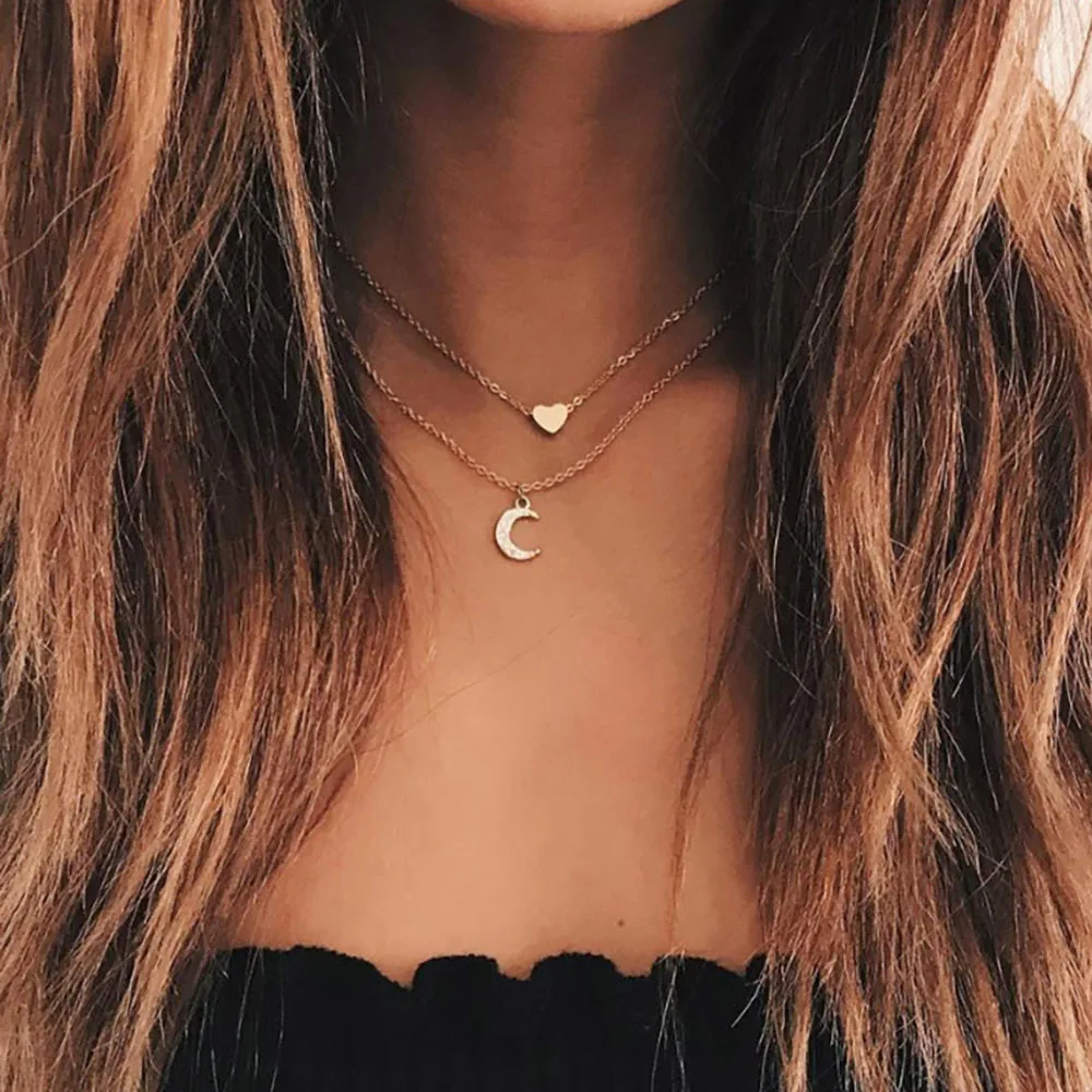 

Korean Fashion Double Layer Heart Choker Necklace for Women Delicate Simple Gold Moon Crystal Pendant Necklace Boho Jewelry