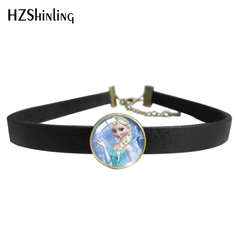 

HZSHINLING HOT SALE Cute Cartoon Elsa and Anna Leather Choker Necklace Glass Pendants Necklace and Bracelet Jewelry