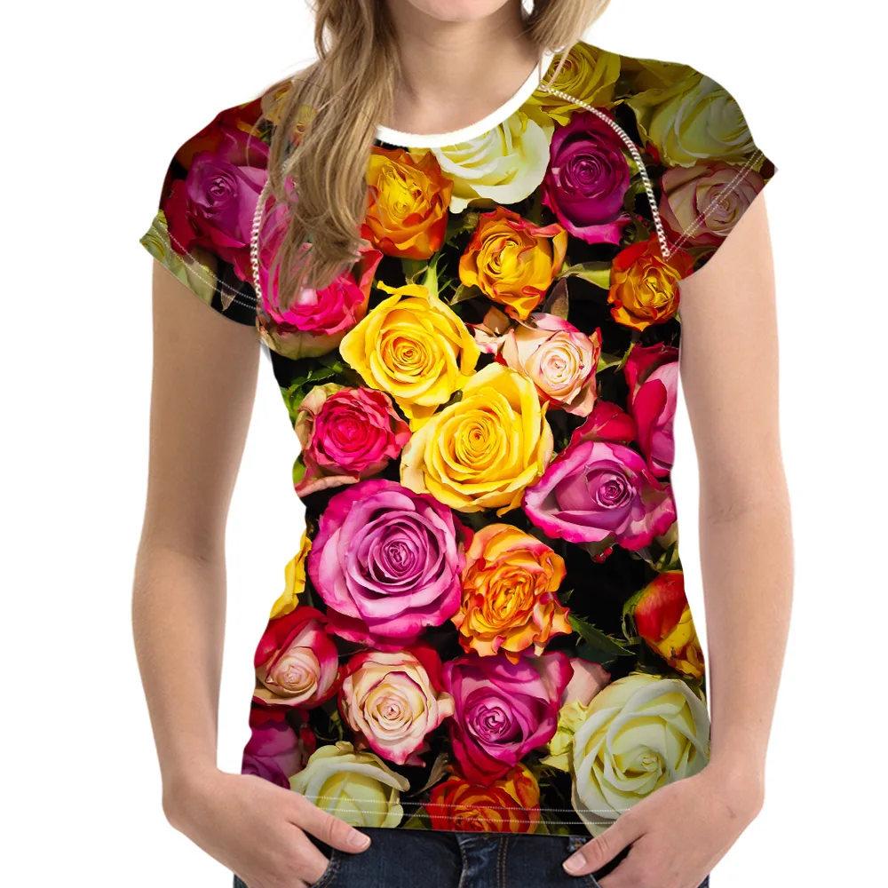 

FORUDESIGNS Running Fitness Sport Women's T-shirts Mixed Color Rose Printing Gym Workout Breathable Sportswear Female Tees Tops