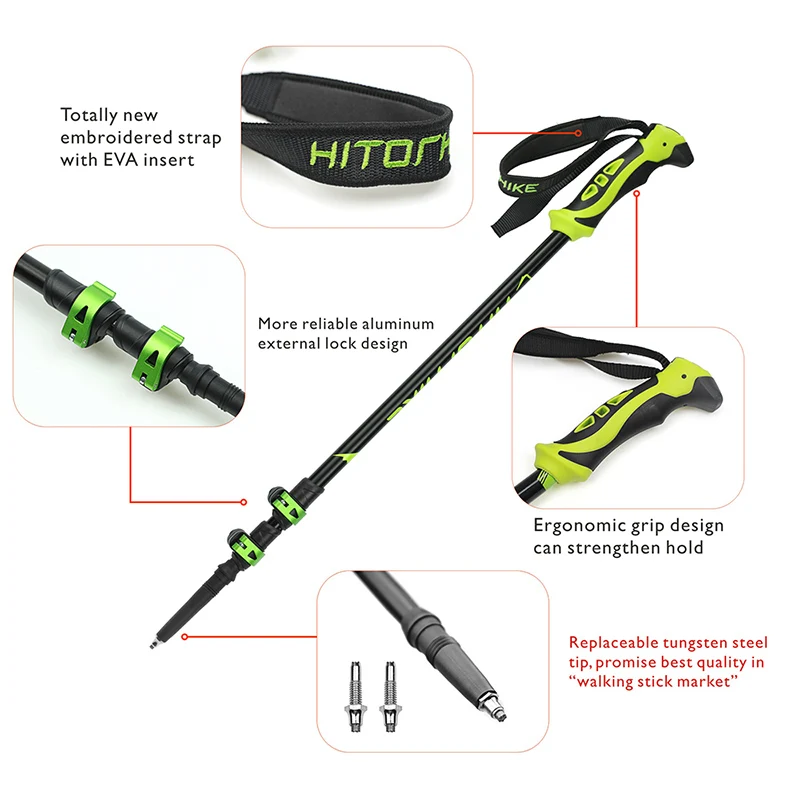 Hitorhike para Nordic Bengalas Camping Caminhadas Trekking Pole Bengalas Ultraleve Alpenstock Telescópica Ajustável New Arrival 24 Hitorhike para varas de caminhada nórdica acampamento