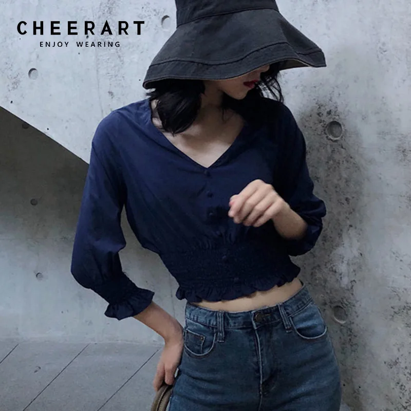 Cheerart блуза с v-образным вырезом туника дамы топы с рукавом три четверти Для женщин блузка в Корейском стиле Осень 2018 Crop Top