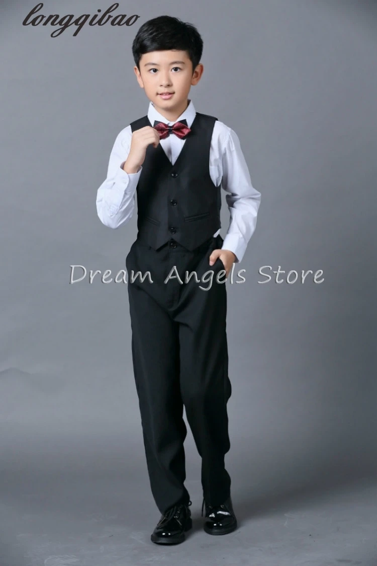 Костюмы для мальчиков года(пиджак+жилет+штаны+галстук-бабочка+рубашка) приталенный смокинг нарядная одежда брендовый модный пиджак черного цвета для торжественных случаев