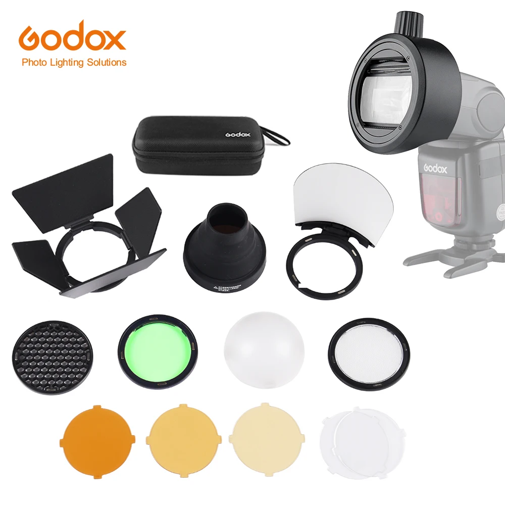 

Godox S-R1 Flash Adapter Ring W/AK-R1 Flash Light Accessories Kit Barn Door Snoot Color Filter Reflector Honeycomb Diffuser Ball