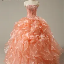 Коралловое бальное платье без бретелек Quinceanera, украшенный бусинами и оборками Бальное платье для танцев, для детей от 2 до 5 лет выпускные Платье для вечеринки vestidos De 15 Anos Сладкий 16 платья 109