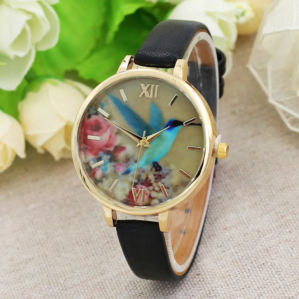 

Watch Women Wristwatch Rhinestone Bird Vintage Leather Strap Dourado Quartz Animals Relogio Feminino Dropshipping Black Red Hot