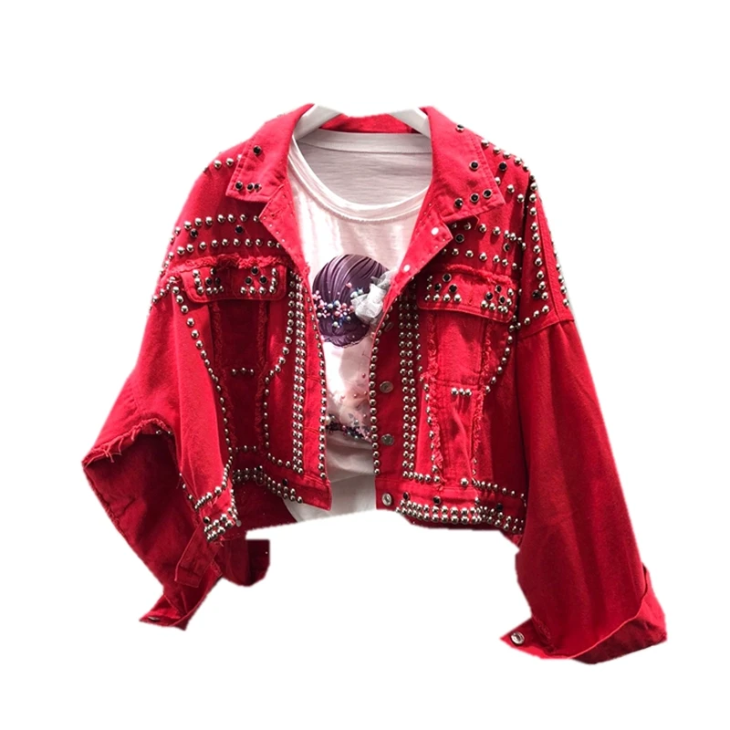 2018 Autumn Women's Harajuku Red Denim Jacket Coat Heavy Hand Beaded Rivet Short Black Jeans Jackets Students Basic Coats Outfit
