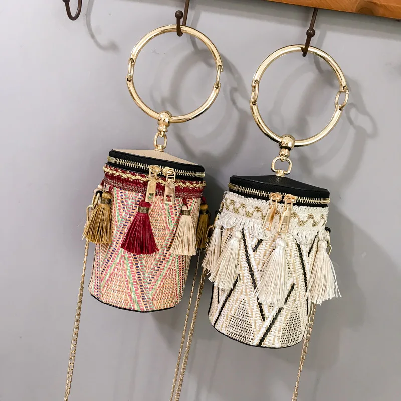 

purses bags for women 2019 women straw bucket shoulder bag Chains boho clutch cross body handbag Tassel National mini bag