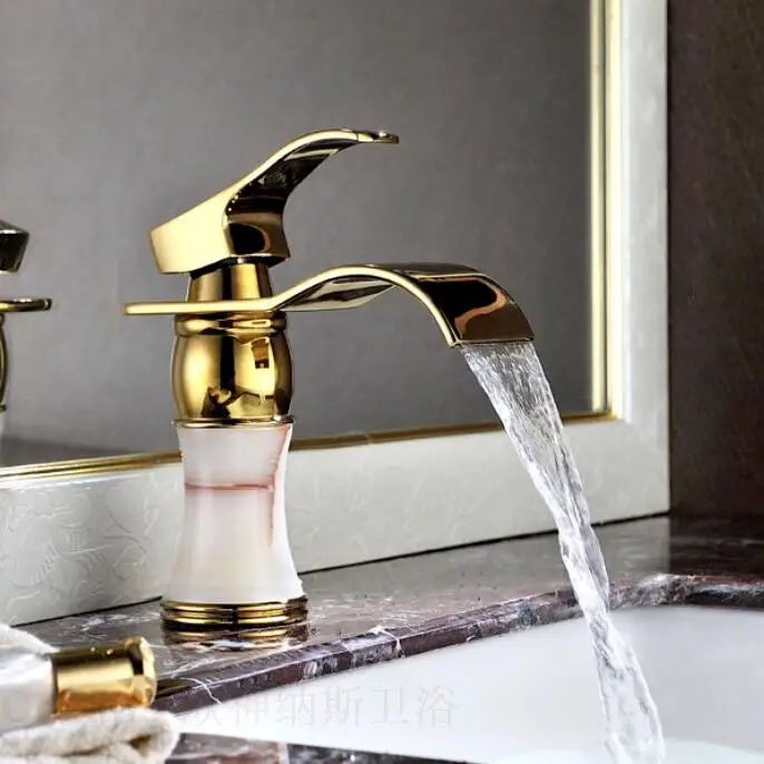 

Nordic Antique Natural Marble WitGolden Plated Coating Full Copper Waterfall Basin Faucet Hot Cold Tap