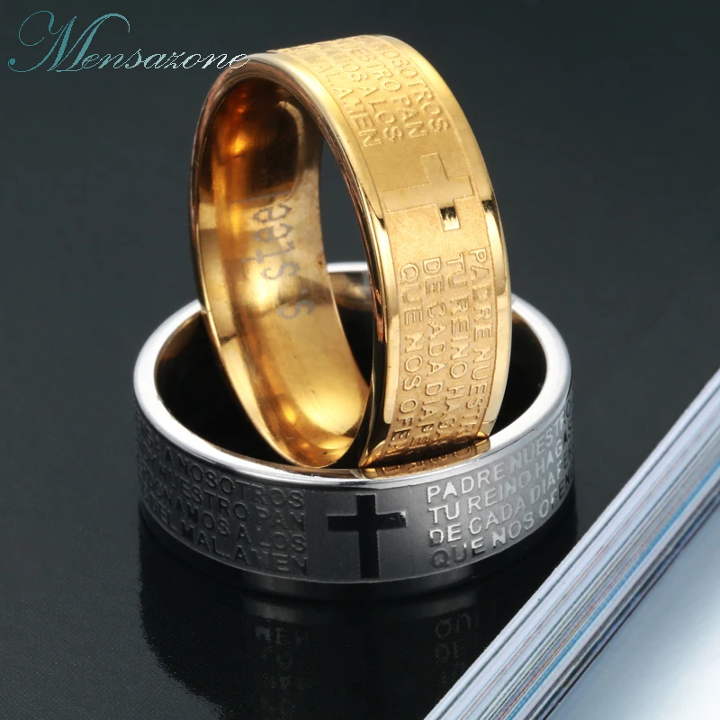MENSAZONE Classic 316L Stainless Steel Gold Christian Ring Jesus Cross