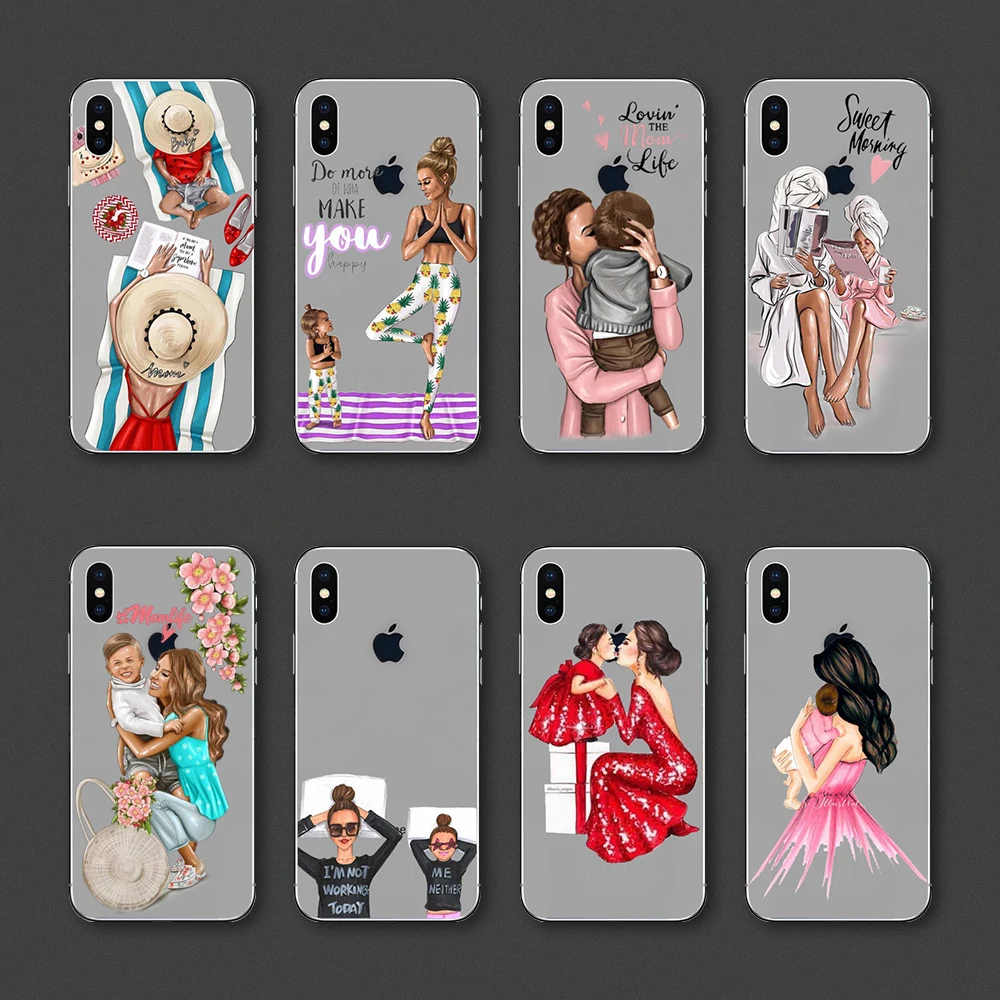 

Black Brown Hair Baby Mom Girl Queen Case For iPhone X XS Max XR 8 7 6 6s Plus 5 5s SE 4S 5C Silicone Woman Clear Phone Covers