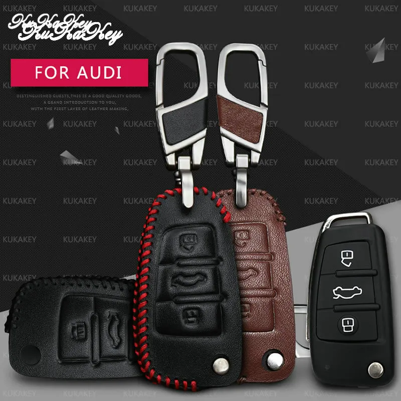 

3 Button Leather Car Key Fob Cover Case For Audi A3 8L 8P A4 B6 B7 B8 A6 C5 C6 4F RS3 Q3 Q7 TT Keychain Remote Smart Fob Cover