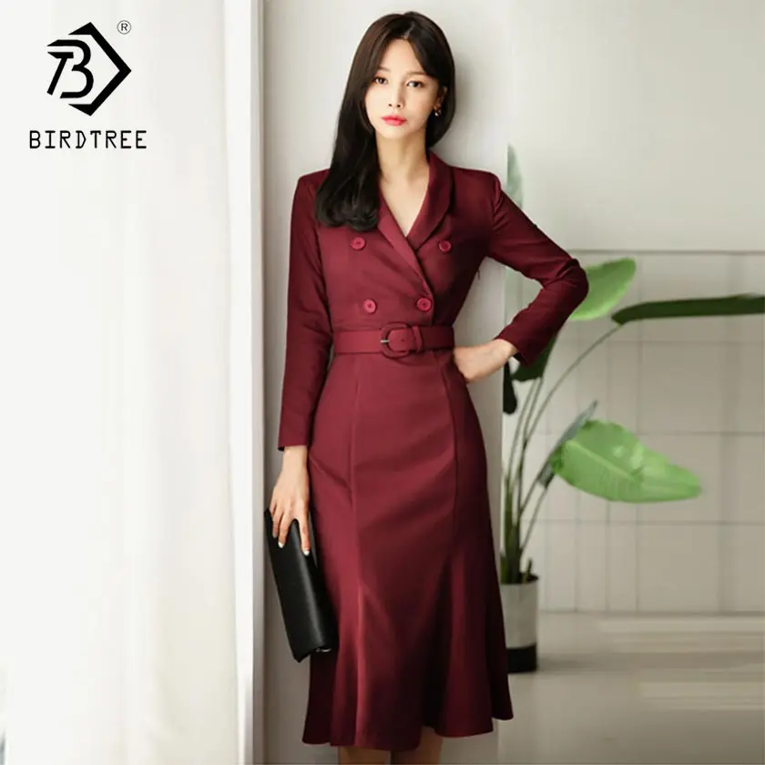 

2019 New Spring Women's Solid High Waist V-Neck Fit And Flare Sashes Dress Fashion Elegant Office Lady Dresses Red Navy D93507X