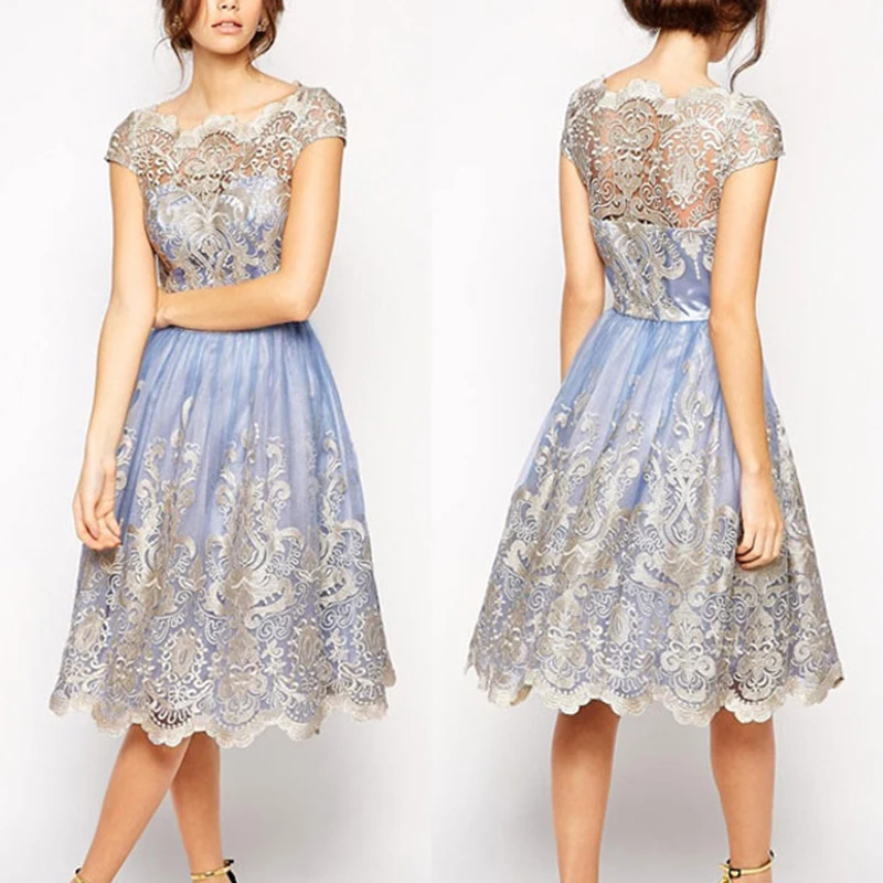 Женское платье, Дамское свадебное платье длиной до колена, элегантное вечернее платье с коротким рукавом и вырезом лодочкой, кружевное вечернее платье для выпускного вечера - Цвет: Blue