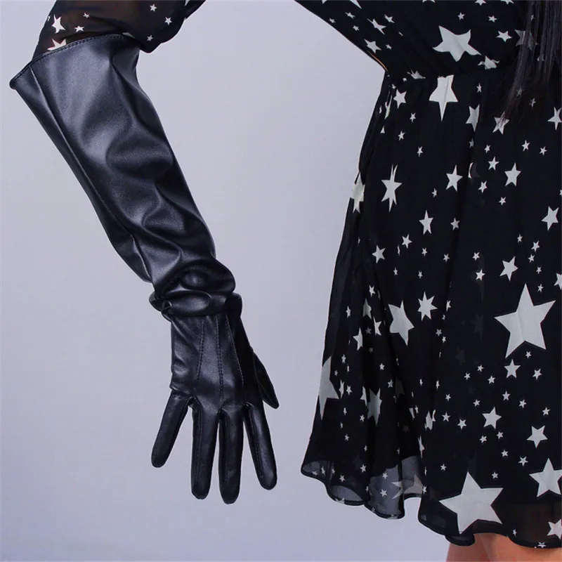 Long Leather Gloves Wide Cuff Lantern Sleeve Simulation Leather Three Bars White Black 50cm Woman Patent Leather PU Gloves P69