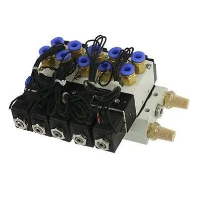 AC 220V 2 Positions Quintuple Solenoid Valve Connectors Silencers Base Set