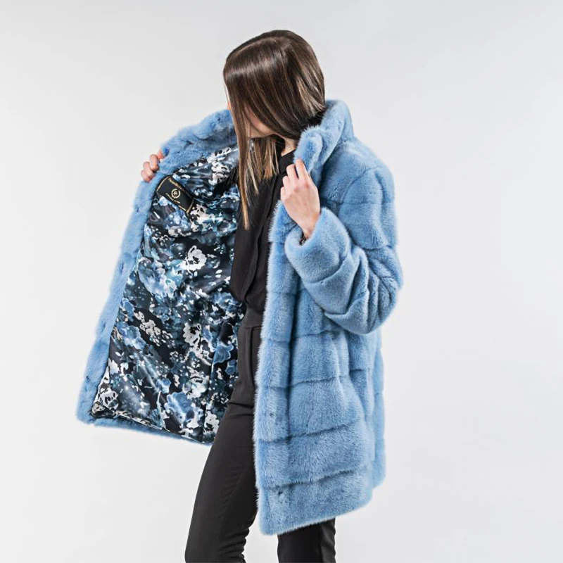 Роскошная женская шуба из синей норки,, модная зимняя куртка из натурального меха для женщин, теплая толстая верхняя одежда с воротником