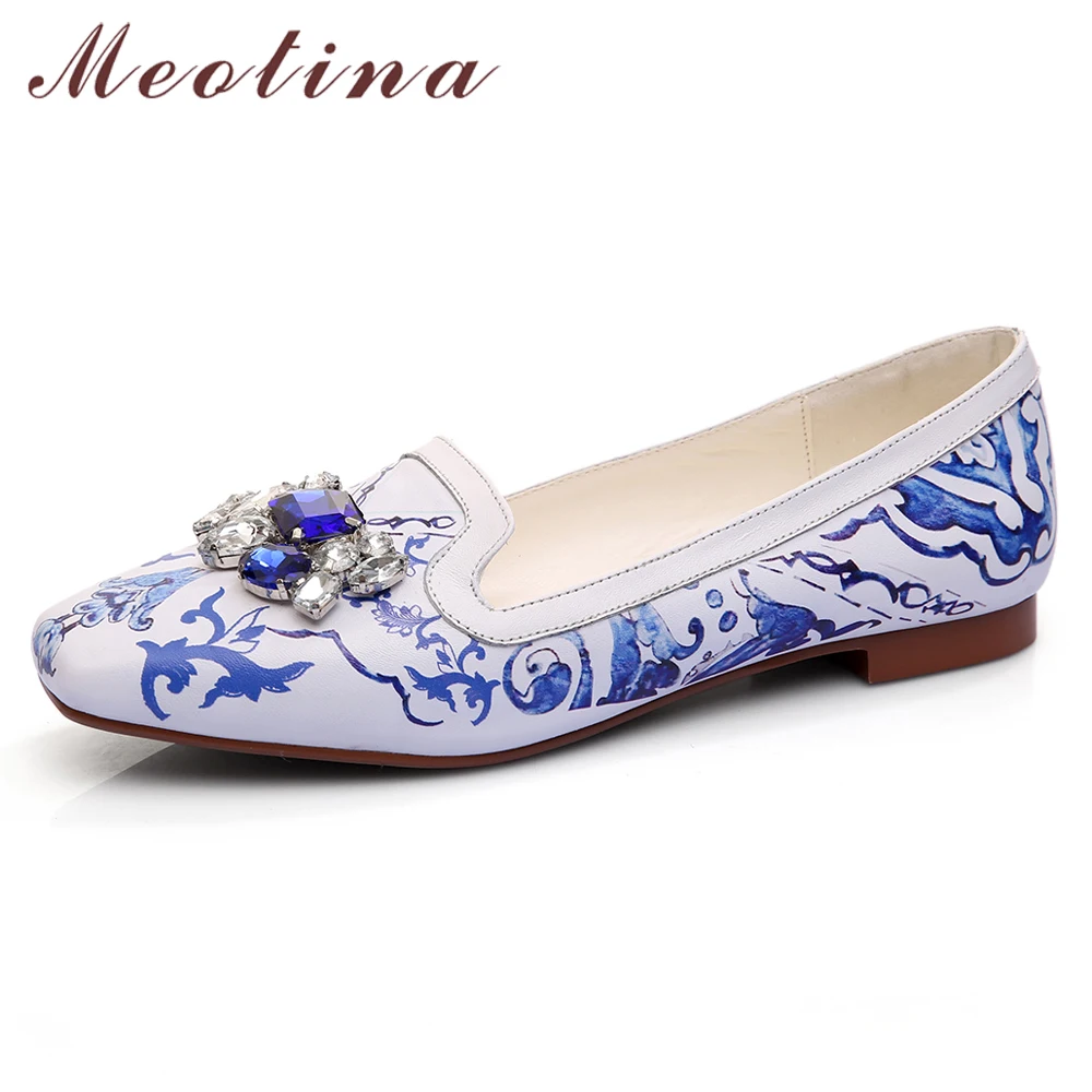 

Meotina Spring Flats Shoes Women Natural Genuine Leather Flat Casual Shoes Crystal Real Leather Square Toe Shoes Lady Size 33-40