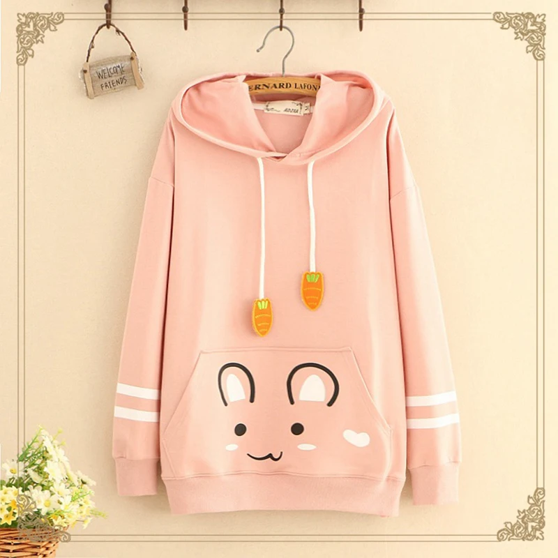 Spring Cute Carrot Hooded Pink Hoodies Women Sweatshirt Harajuku Casual