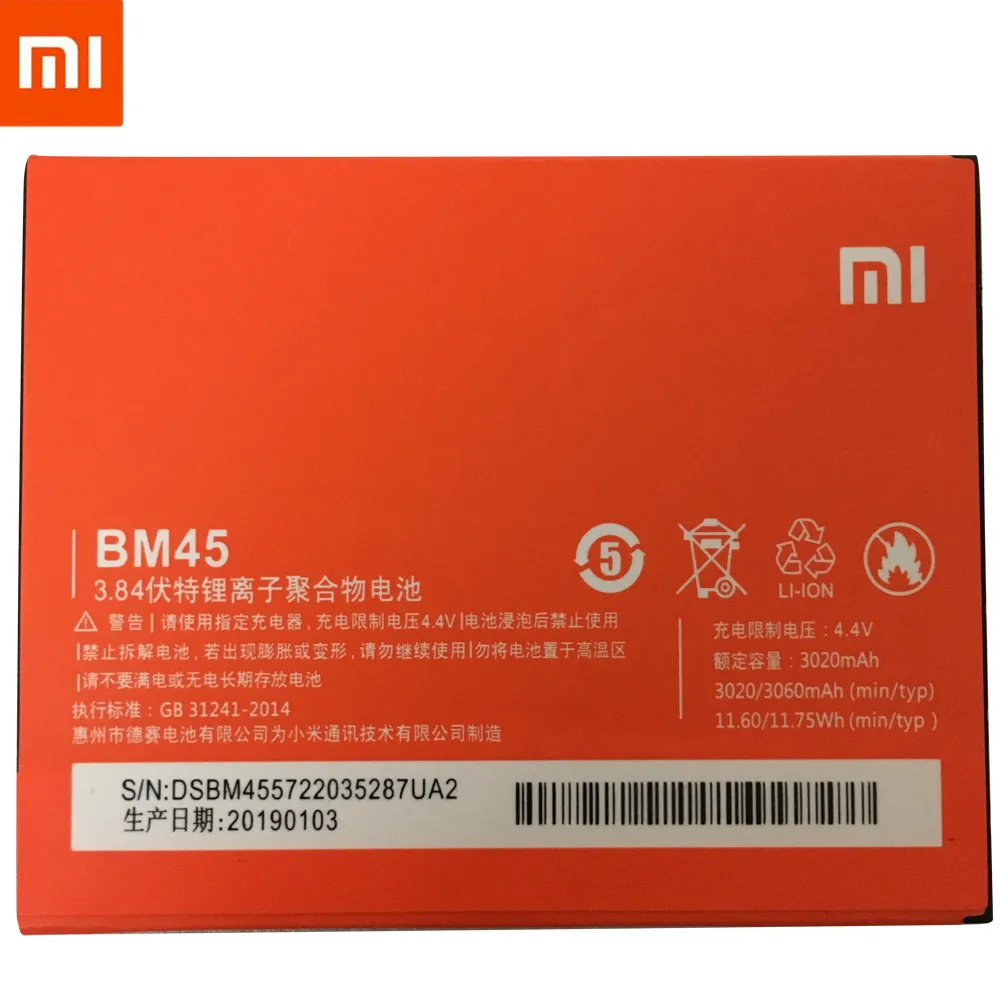 Новинка 2019 100% оригинальный BM45 аккумулятор для телефона Xiaomi RedMi Note 2 Bateria Hongmi Real 3060