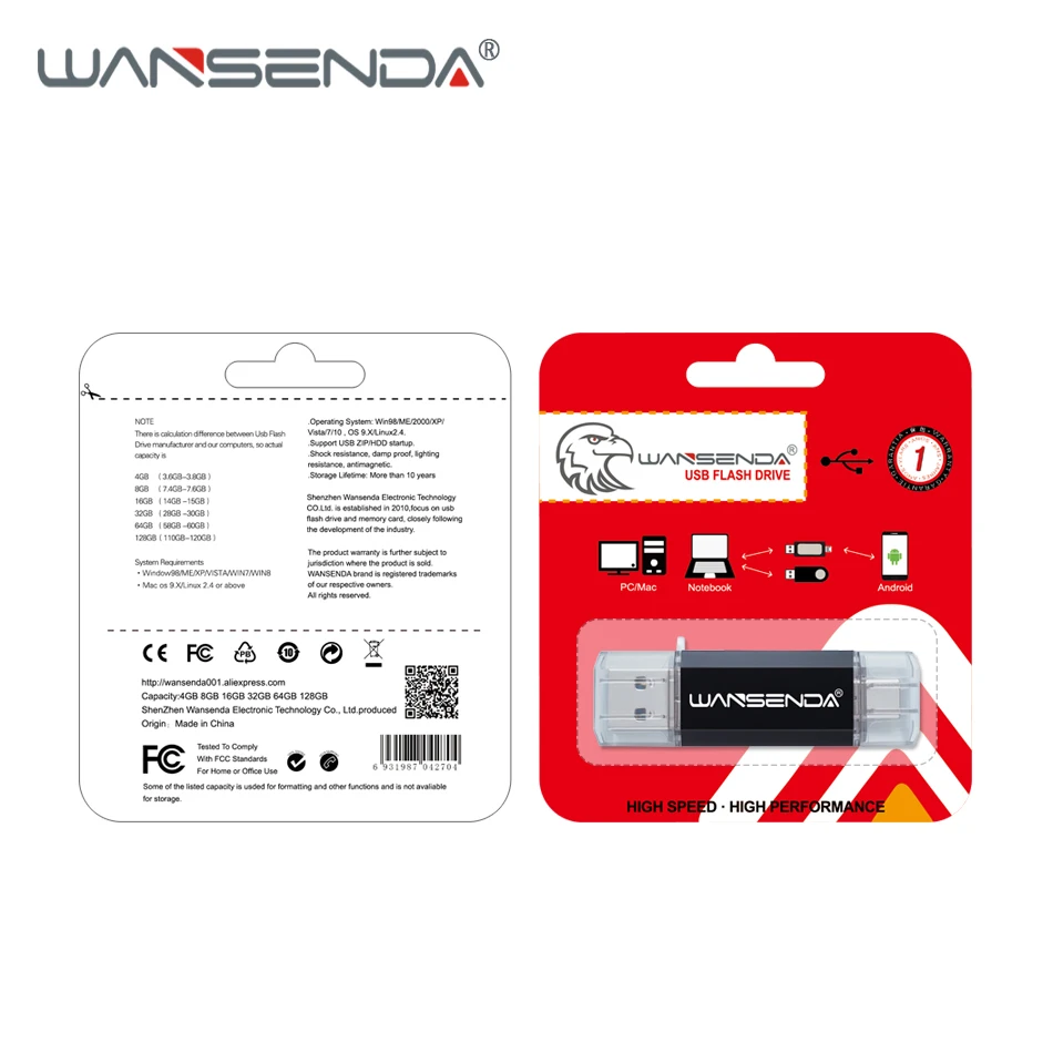 WANSENDA USB флеш-накопитель type-C USB3.0 для type-c/PC 512GB 256GB 128GB 64GB 32GB 16GB внешний накопитель 2 в 1 Pendrive