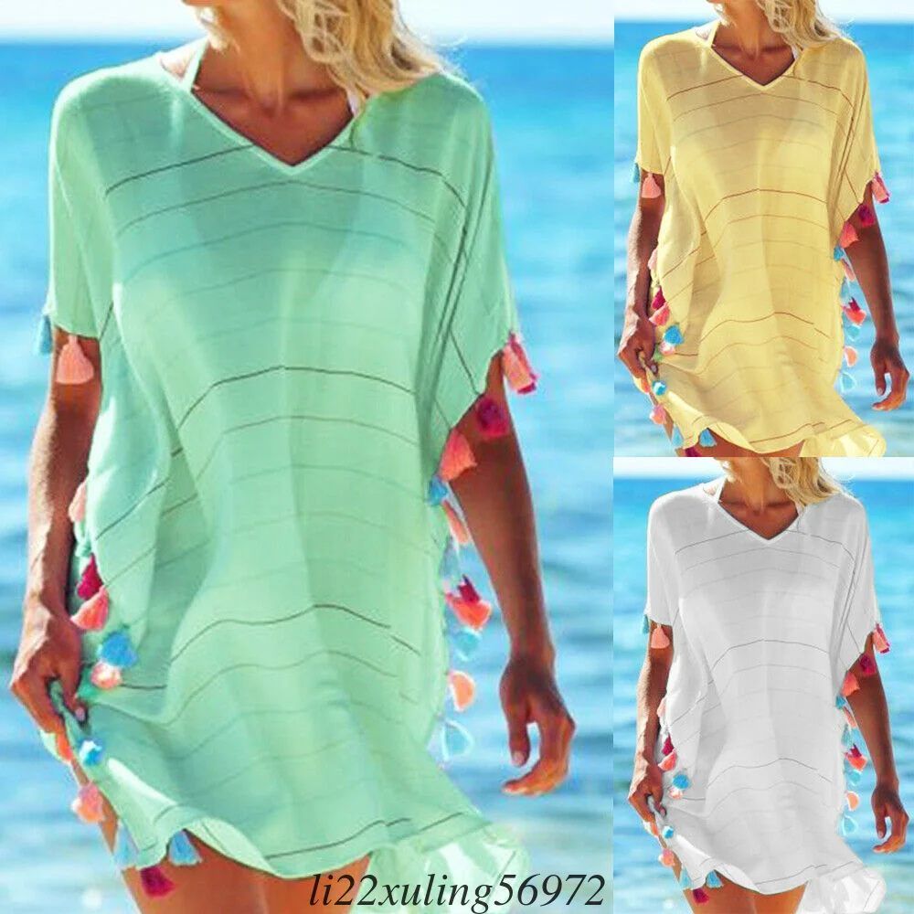 beach maxi dress with sleeves Women Holiday Beach Bikini Cover Up Boho Casual Party Sun Mini Dress Sundress swim skirt cover up no brief