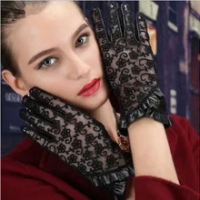 Модные классические короткие черные кружевные перчатки из овчины, перчатки из натуральной кожи для сенсорного экрана, женские перчатки для защиты от солнца, варежки