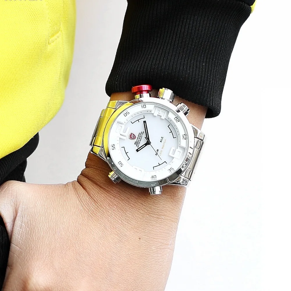 Gulper SHARK Sport Watch Stainless Full Steel Silver Japan Movement Dual Time Date Alarm Quartz Mens Digital Wristwatch / SH104