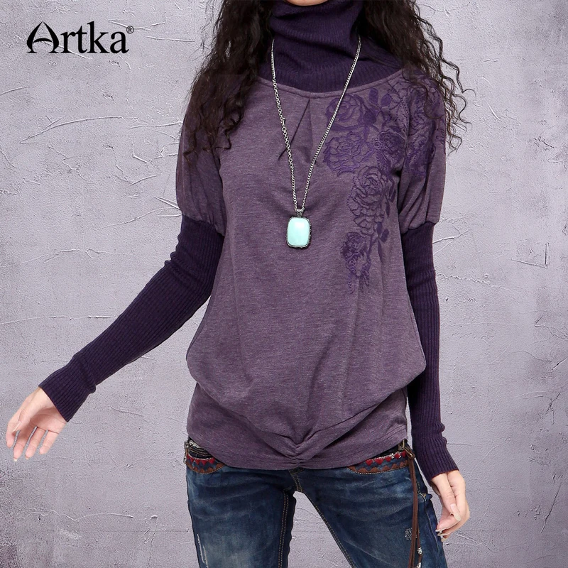 

Artka Women'S Cotton Flare Sleeve Turtleneck Thin Woolspandex Solid Casual Style Embroidered Faux Two Piece Sweater ZA10233D