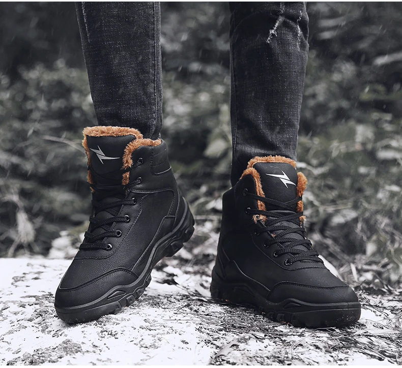 Men's Snow Boot Winter Casual Shoes With Fur Snow Boots Men Waterproof PU Leather Warm Men Winter Boots Mens Ankle Big Size 11   (6)