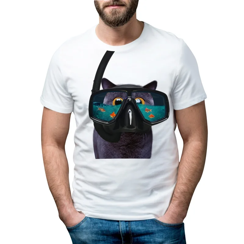 Cloudstyle 2021 New Design Funny Goggles Cat T-shirt Men 3D Printed Short Sleeves tshirt Cute Animal T Shirt Male Streetwear 5XL | Мужская