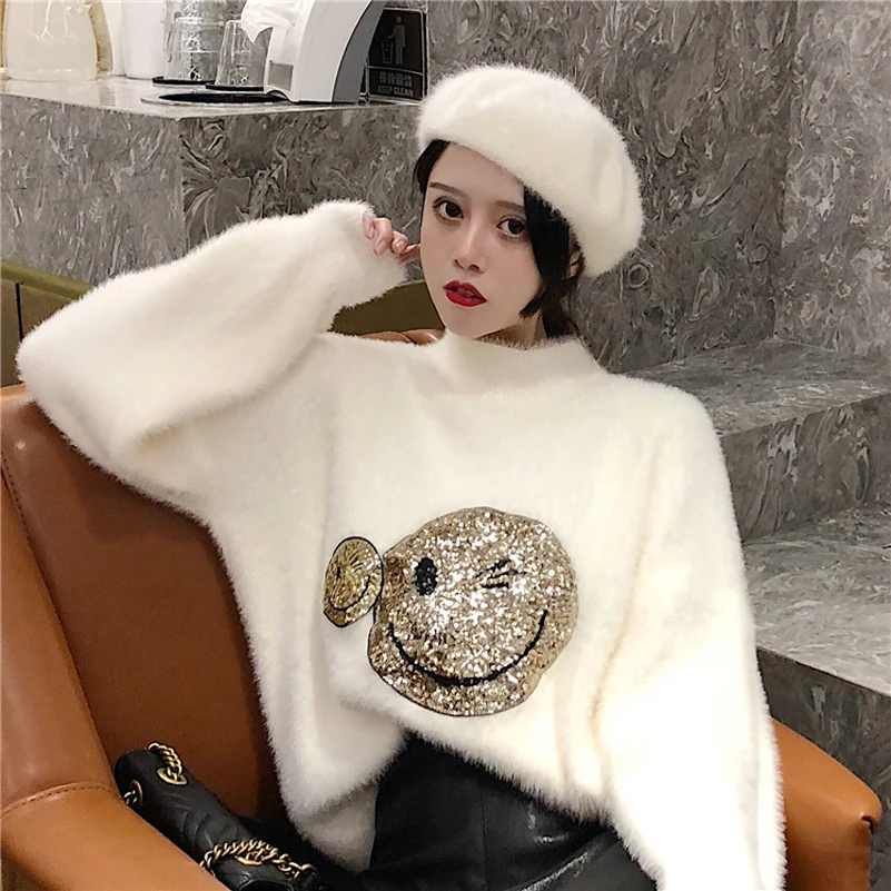 2018 New Winter Cute Smiley Face Jumper Women Sweater Loose Pullovers ...