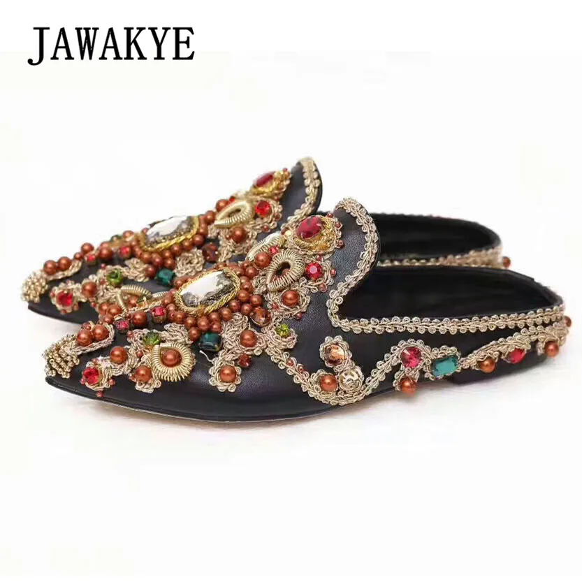 

JAWAKYE Retro String Beaded Black Leather Flat Slippers Women hand sewing Court style Outdoor Mules Embroidered Flat Shoes
