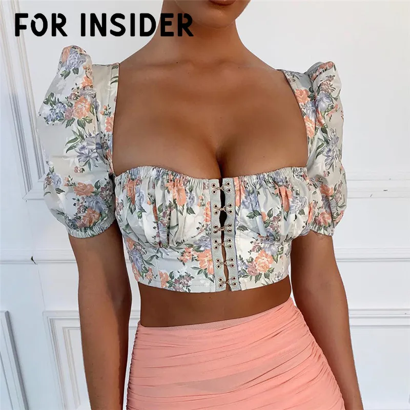 

For Insider Floral print vintage crop blouses shirts women Slash neck elastic tunic sexy summer tops Puff sleeve hooks short top