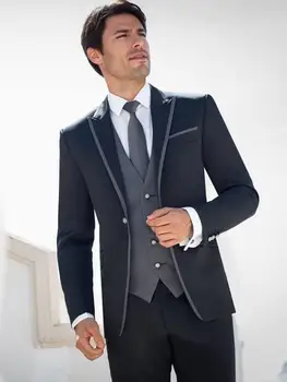 Najtaniej Najnowszy Garnitur Pant Design Czarny Szary Wykończenia Mężczyźni Garnitur Slim Fit 3 Sztuka Klasyczny Smoking Niestandardowy Delikatny Blazer Garnitury Na Bal Terno Masculino