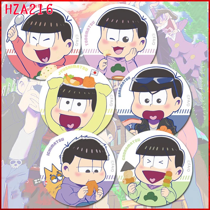 

ZXFJXR 58MM Osomatsu san kun Matsuno Karamatsu Choromatsu Ichimatsu Jyushimatsu Matsuno Gourmet Food Badge Brooch Pins