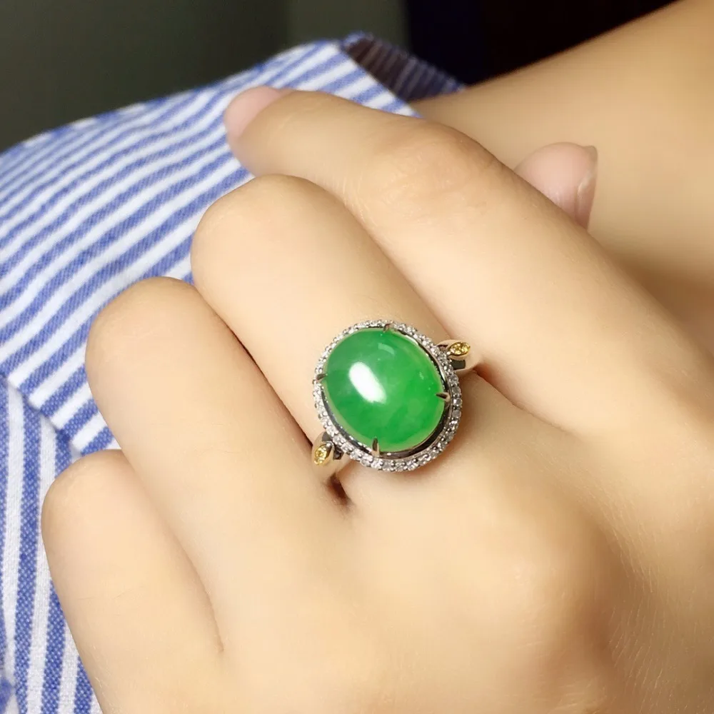 

Fine Jewelry Collection Real 18K White Gold AU750 100% Natural Green Jadi Jade Gemstone round Rings Burma Origin for Women Gift