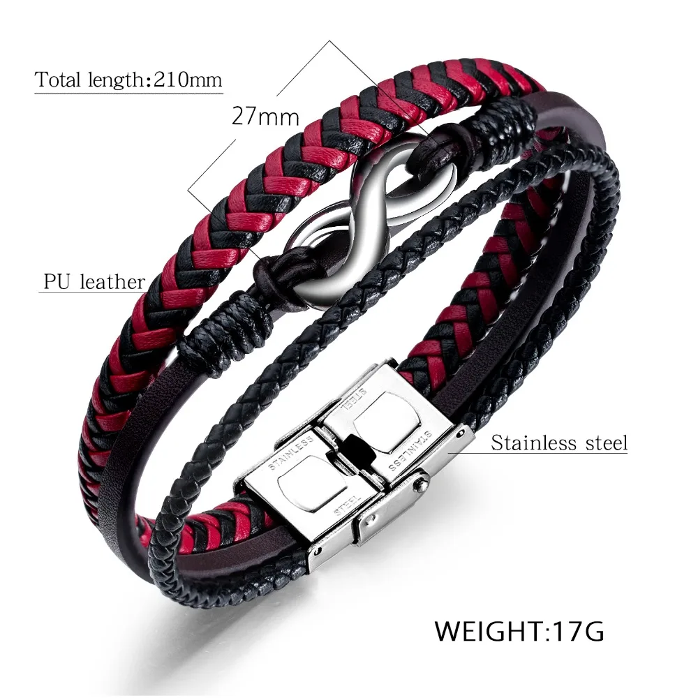 

2019 New Fashion Red-Black PU Leather Weaving Charm Bracelets Stainless Steel 8 Shape Men's Jewelry Friend Gift SL114